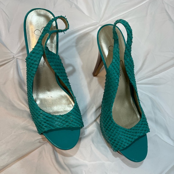 Turquoise Teal Snakeskin Leather Upper Peep Toe Sling Back Wooden Platform Heels - Picture 4 of 7
